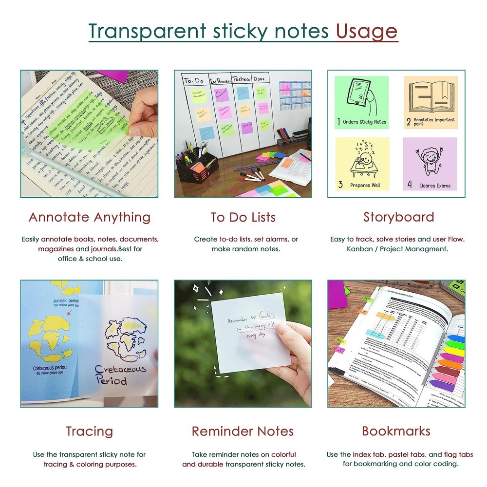 1150 Sheets Transparent Sticky Notes, 3x3 Inch Self-Adhesive Translucent Clea...