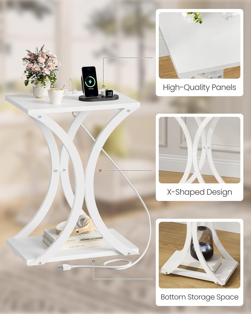 Round Side Table and End Table with Charging Station Bundle, Small Round Nigh...