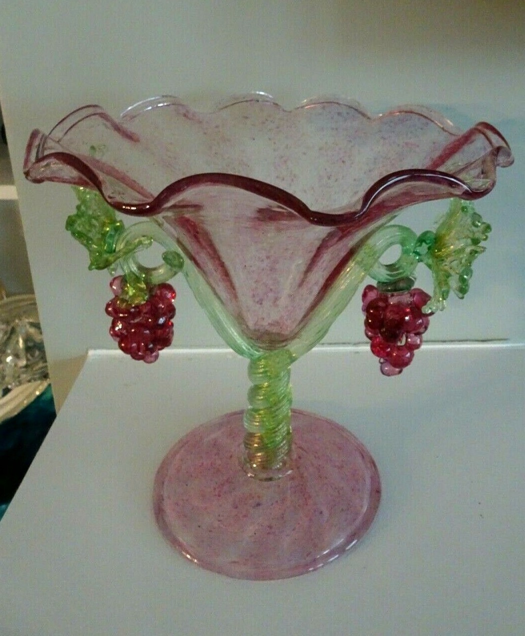 1930's SALVIATI MURANO ART GLASS Plum / Purple GRAPE Compote Footed Bowl 7.35"