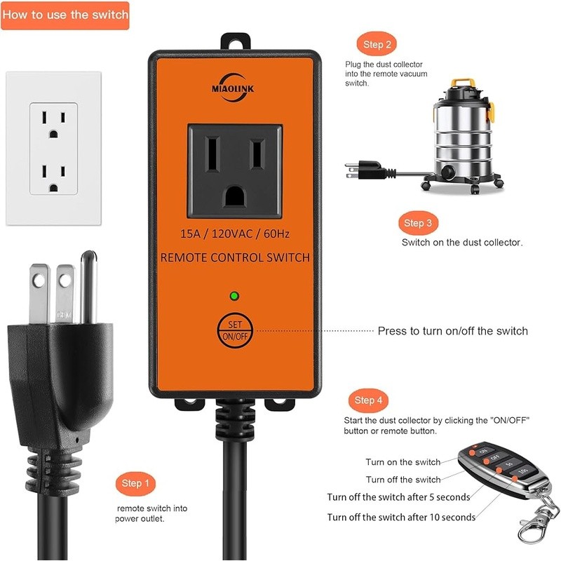 Remote Control Outlet Switch W/ Delay Shutdown Dust Collectors & Tools New