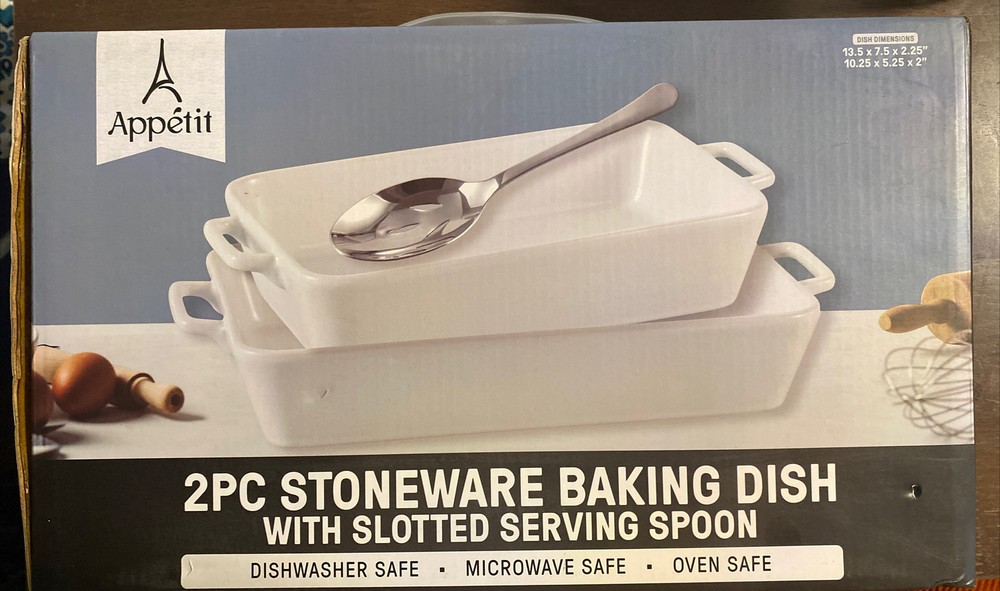 Appetit Stoneware 2 pc Baking Dish Set  With Slotted Serving Spoon   (New)