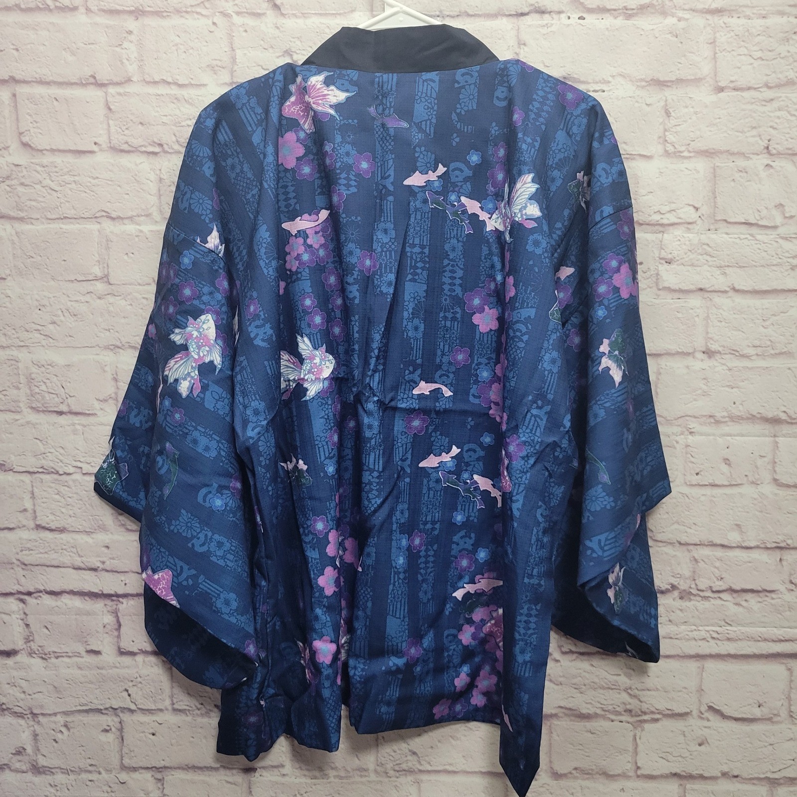 Japanese Kimono Jacket Womens XL+ Blue Purple Floral Asian Design Boxy Sleeves