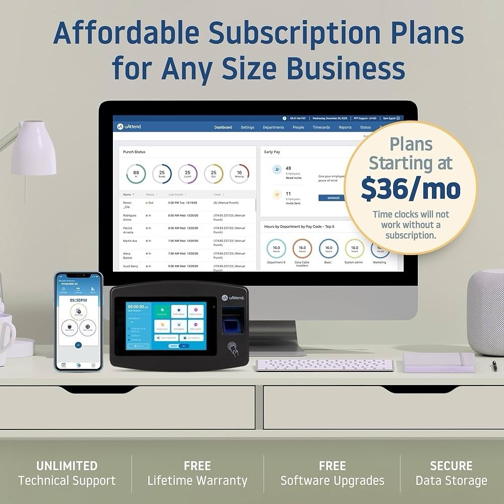 uAttend DR2500 Biometric Time Clock Facial Recognition RFID Temp Reader Cloud