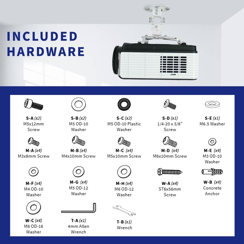 VIVO Universal Adjustable Ceiling Projector, 6" max extension, White