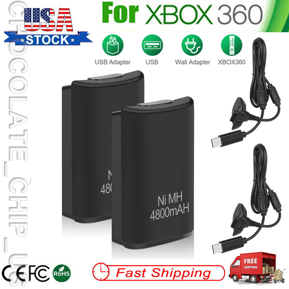 2 Battery Pack For Microsoft Xbox 360 Wireless Controller + USB Charging Cable