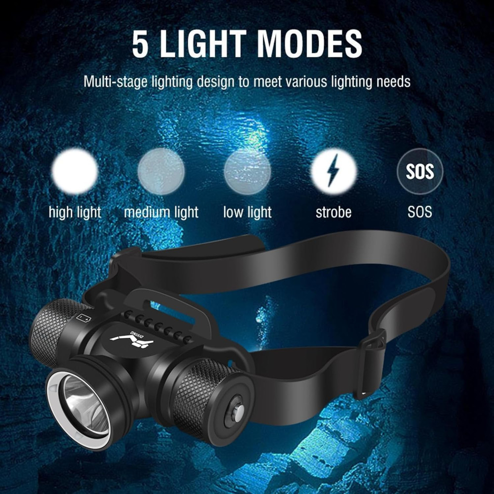 Scuba Diving Light, Diving Flashlight Headlamp, 5 Modes Dive Flashlight, Ultra B