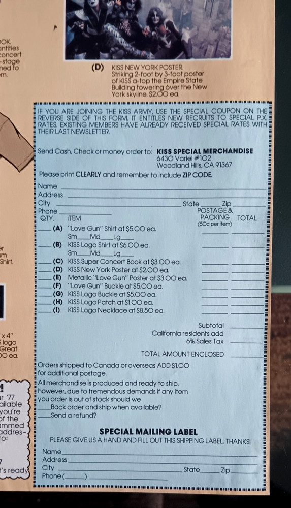 VINTAGE 1977 KISS ARMY LOVE GUN MERCHANDISE INSERT COMIC BOOK AD MAILER NM/Mint