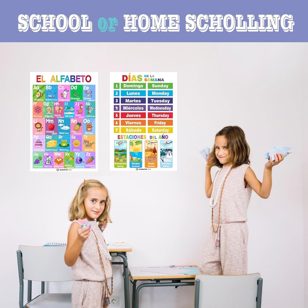20 Spanish English Bilingual Educational Posters Water Proof Learning Chart...