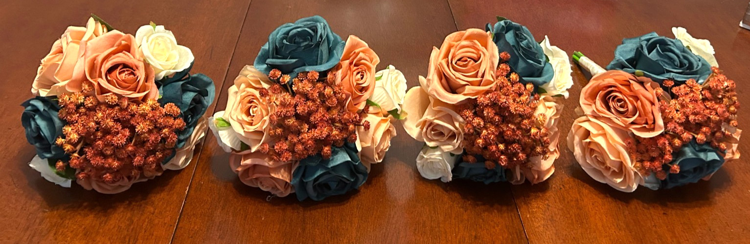 LOT OF 4 PEACH/BURNT ORANGE/TEAL/WHITE ROSES/ETC BRAIDSMAIDS FLORAL BOUQUETS-x2