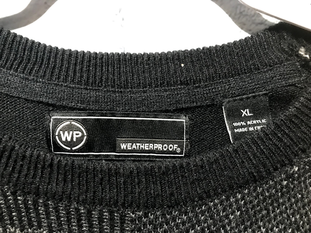Weatherproof, Men XL, Black/Gray Patchwork Pattern Knit Pullover Sweater Retro