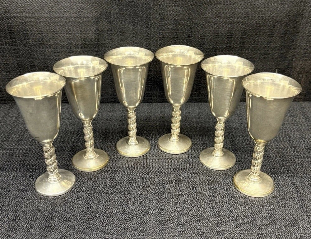 6 Silver Plate 4” GOBLETS Grapevine Stem Stamped: MADE IN SPAIN Visiuc, S. L.