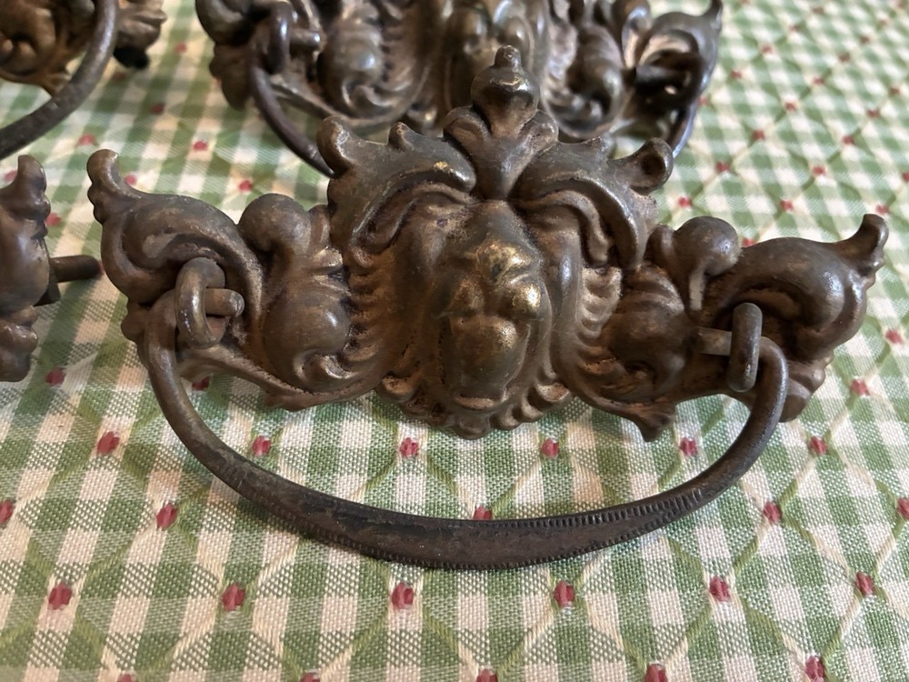 Antique Ornate Lion Brass Drawer Pulls 4X