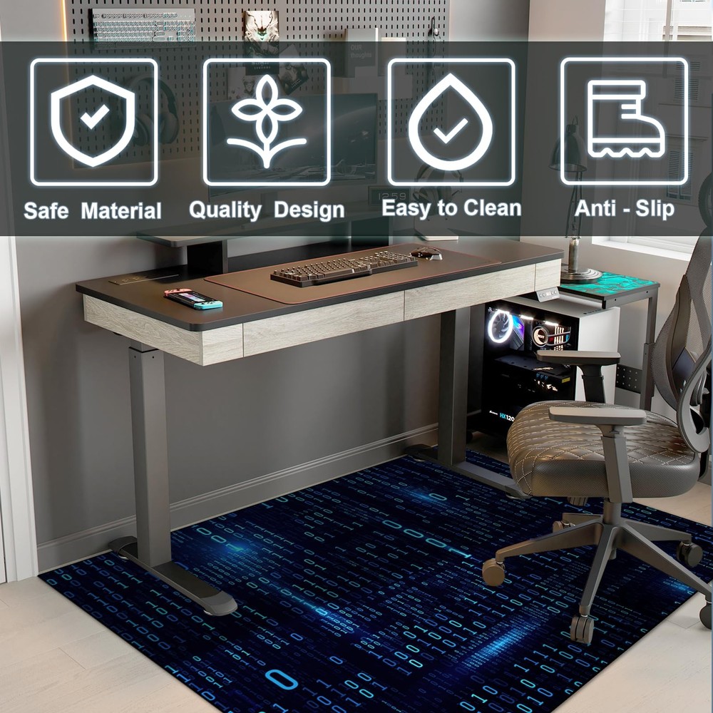 Washable Game Area Rug, Blue Binary Code Design Gaming Programmer Teen Carpet Ru