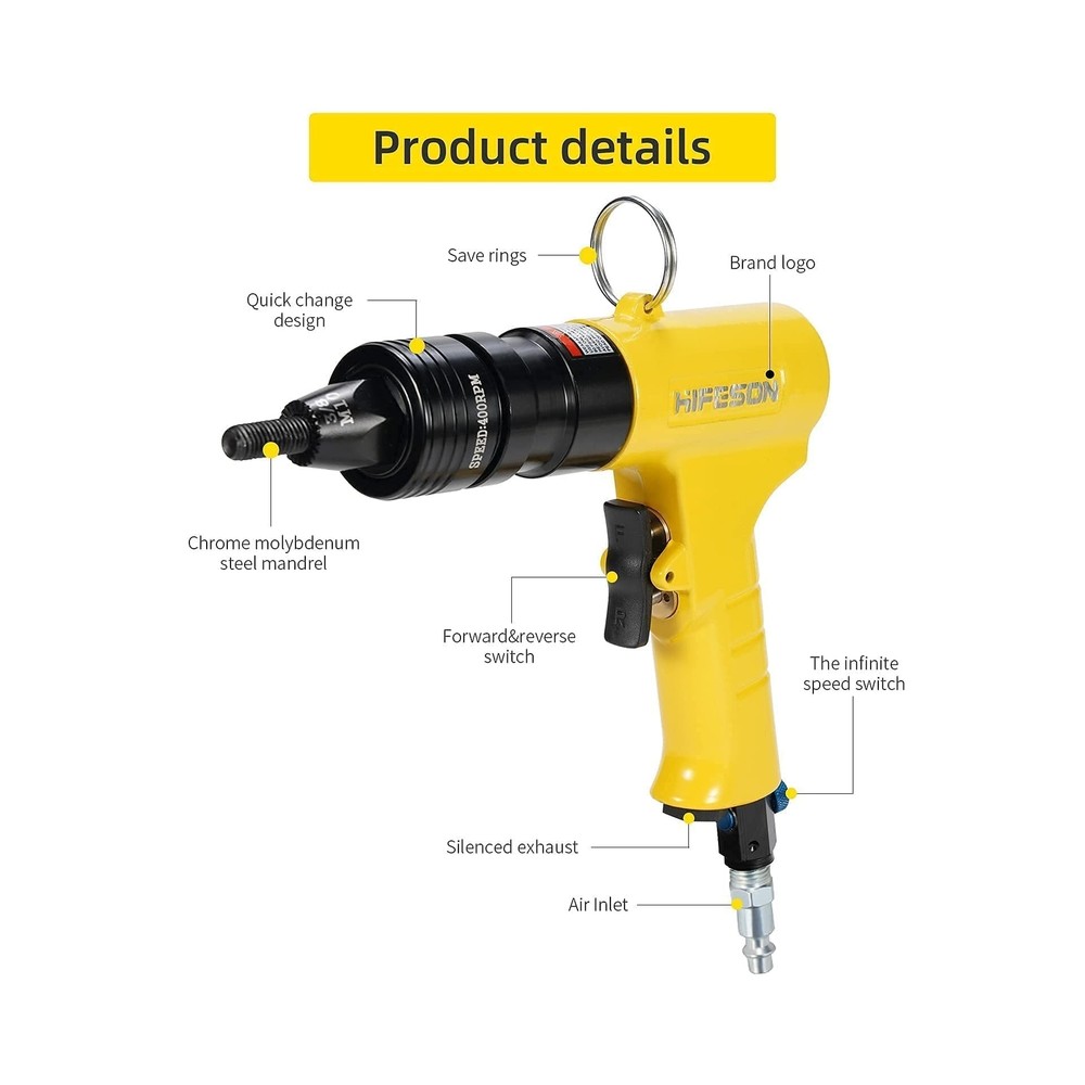 HIFESON Pneumatic Rivet Nut Gun with Self-Locking Head Gun，Quick-Change M