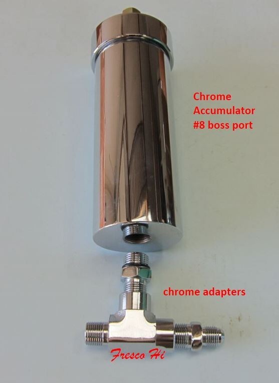 Lowrider Hydraulics accumulator, boss 8 port, pre-charged & adapters, all chrome