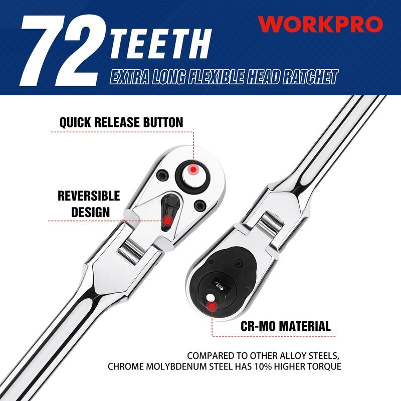 WORKPRO 3/8" Drive Extra Long Flex Head Ratchet 18" Ratchet Handle Quick Release