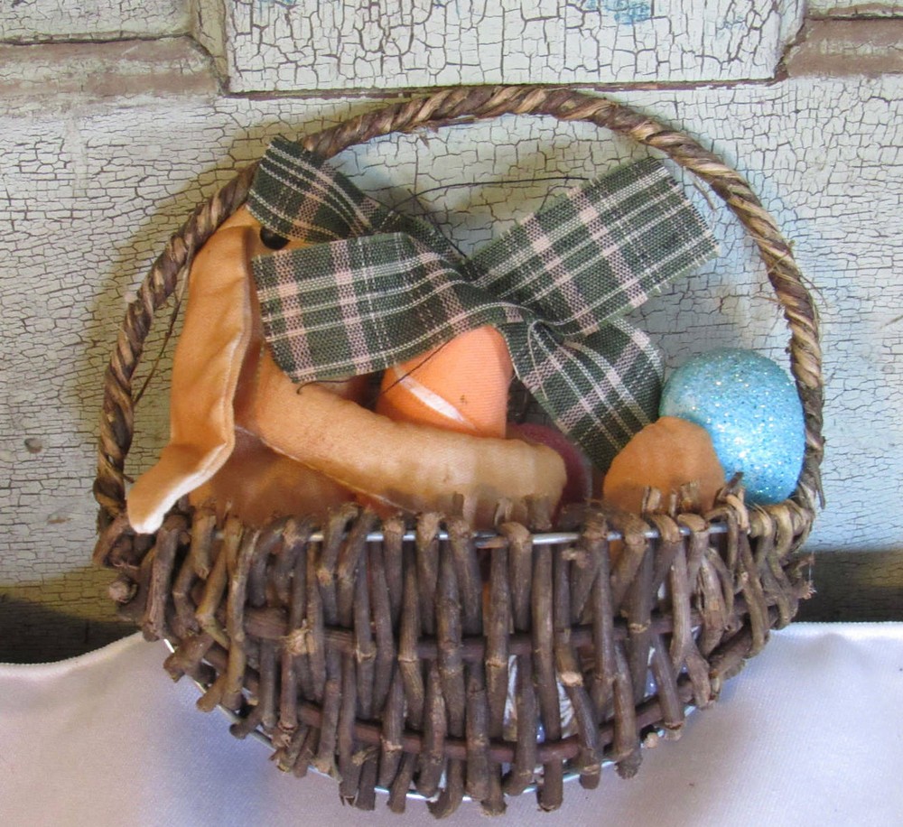 Primitive Cloth Easter Bunny in Egg Basket w Sparkly Easter Eggs HAPPY SPRING