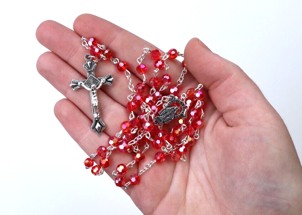 Silver Tone and Red Miraculous Medal Centerpiece Glass Prayer Bead Rosary 20 In