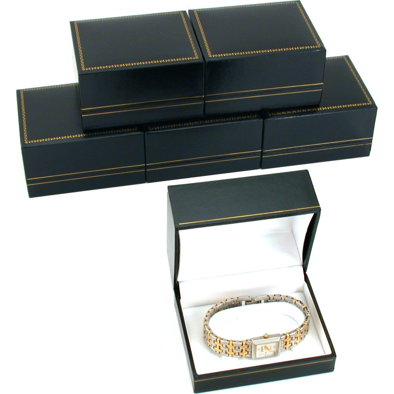 6 Black Leatherette Watch Bracelet Boxes Jewelry Gift