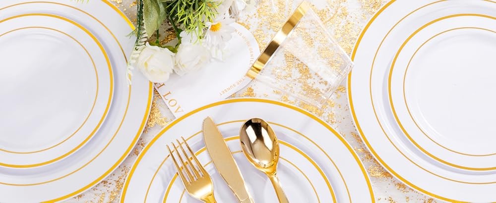 Gold Plastic Plates, Gold Rim Plastic Dinnerware Set, Includes: 25