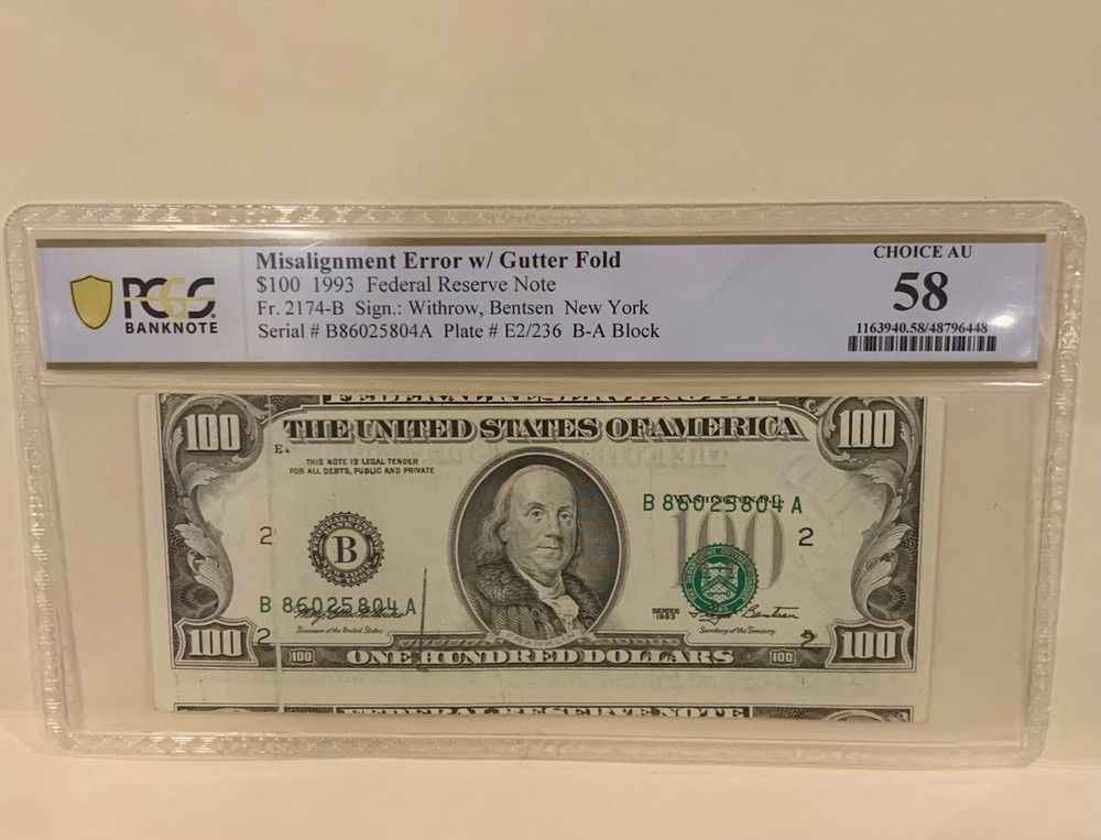 1993 $100 Federal Reserve Note Misalignment Error w/ Gutter Folder