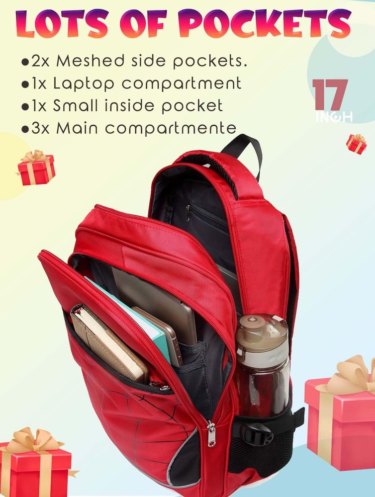 Boys Backpack for Kindergarten Elementary School, Large Compartments, 17" Red