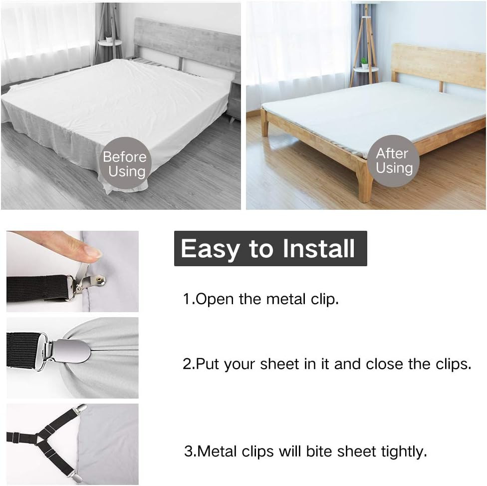 Sheet Holders, 4 Pcs Adjustable Bed Sheet Straps, Fitted Sheet Holder Clips Fast