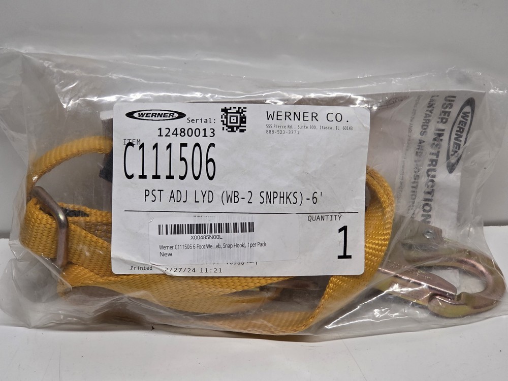 Werner 6' Web Positioning Adjustable Lanyard Snap Hook C111506
