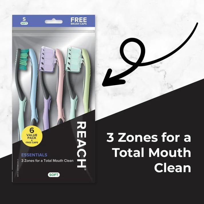Reach Essentials Toothbrush with Caps, 6 Count
