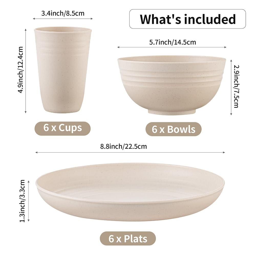 18PCS Wheat Straw Dinnerware Sets, Kitchen Set Large, Beige