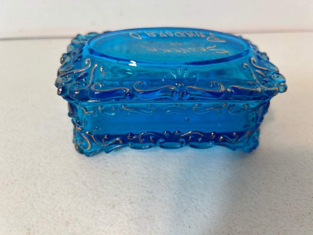 Vintage Blue Glass Trinket Box Souvenir Pandora Ohio