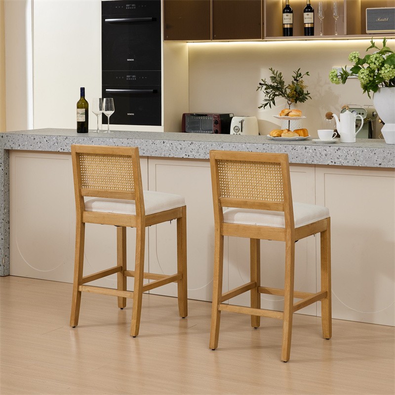 Set of 2 Solid Wood Rattan Bar Stools Comfort Linen Cushion High-Resilience Foam