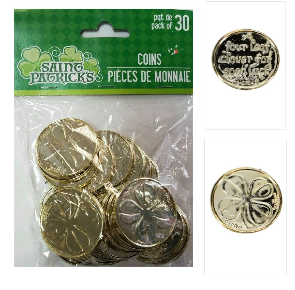 ST Patricks Day Shamrock Gold Coins 30 COUNT IN A PACK Plastic Shiny
