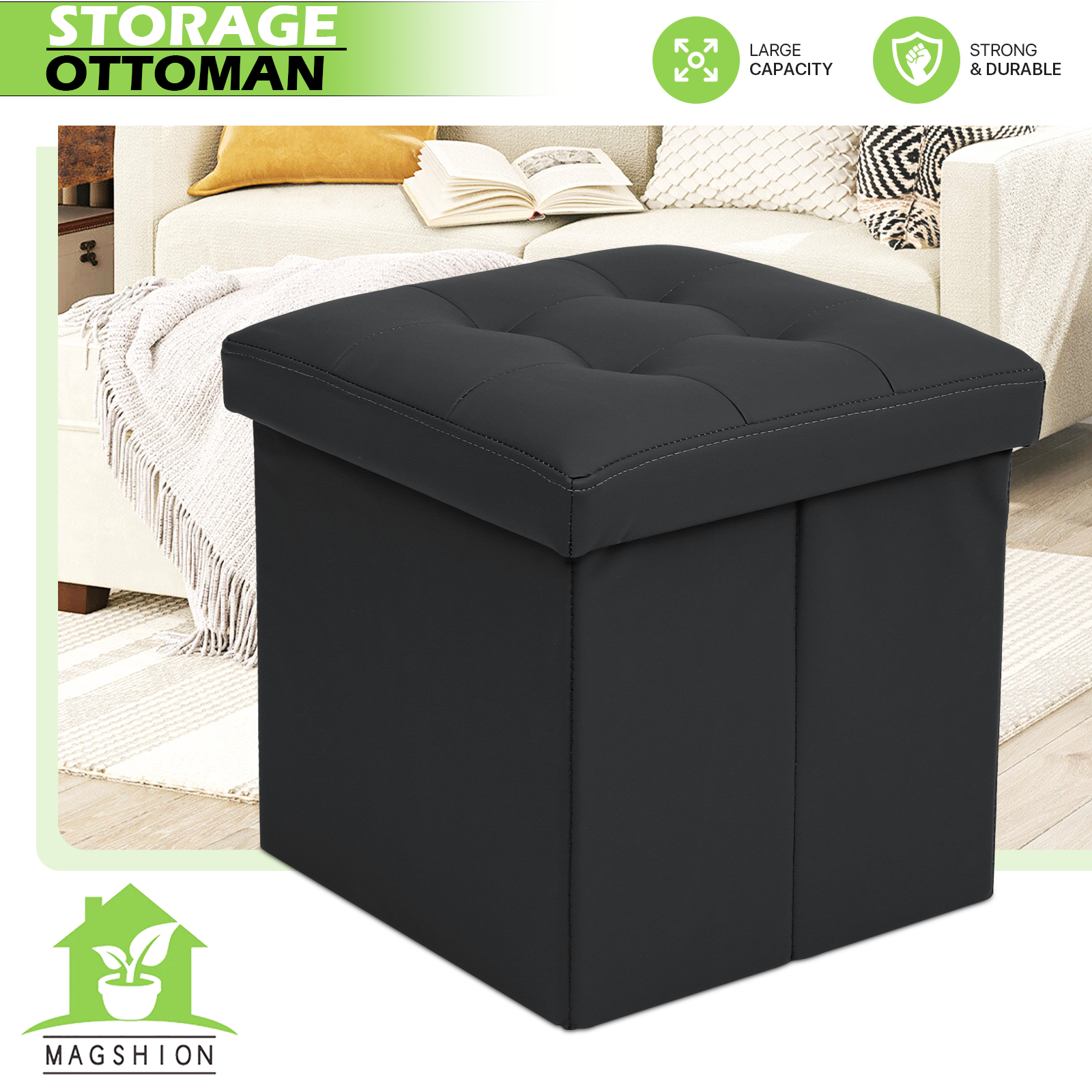 Black Faux Leather Storage Ottoman Classic Cube Seat Home Entryway Décor Benches