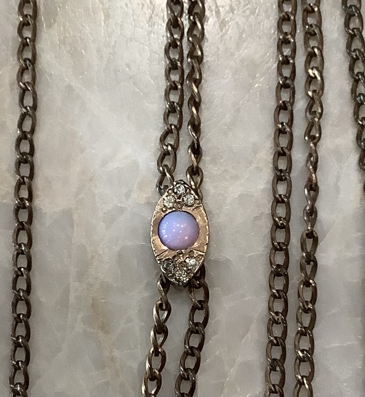Vintage Antique Rose Gold Filled 46" Watch Chain & Opal Diamonds Slide