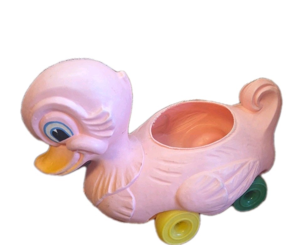 Vintage PINK Duck Plastic Blow Mold on Wheels Easter Basket Pull Toy