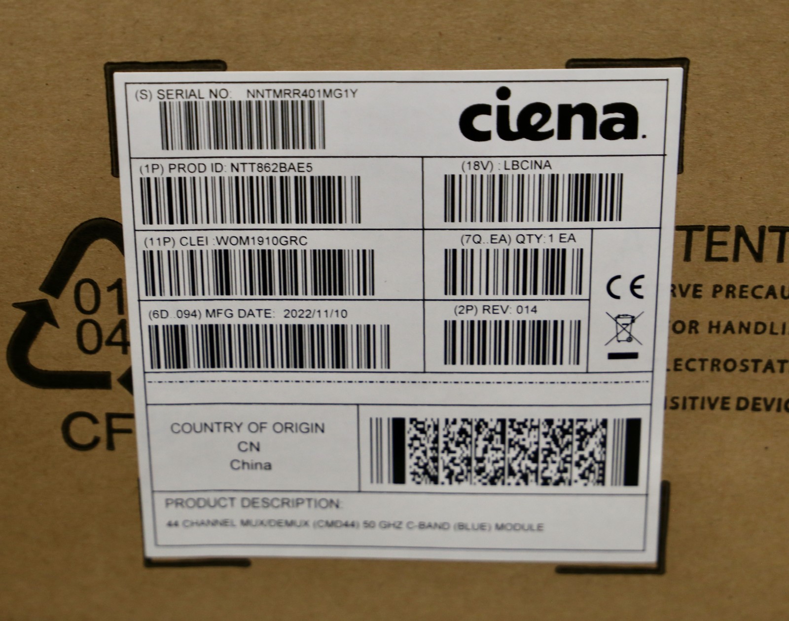 *NEW* CIENA NTT862BAE5 - 44 Channel Mux/Demux (CMD44) 50Ghz C-Band Module