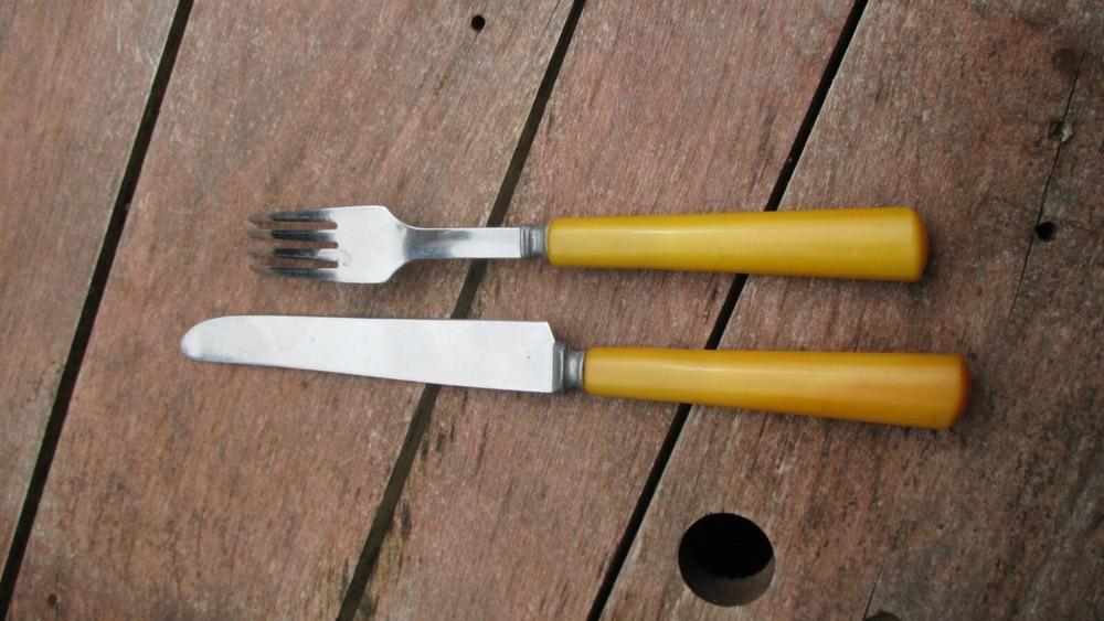 Vintage Butterscotch Bakelite Dinner Fork & Knife Stainless
