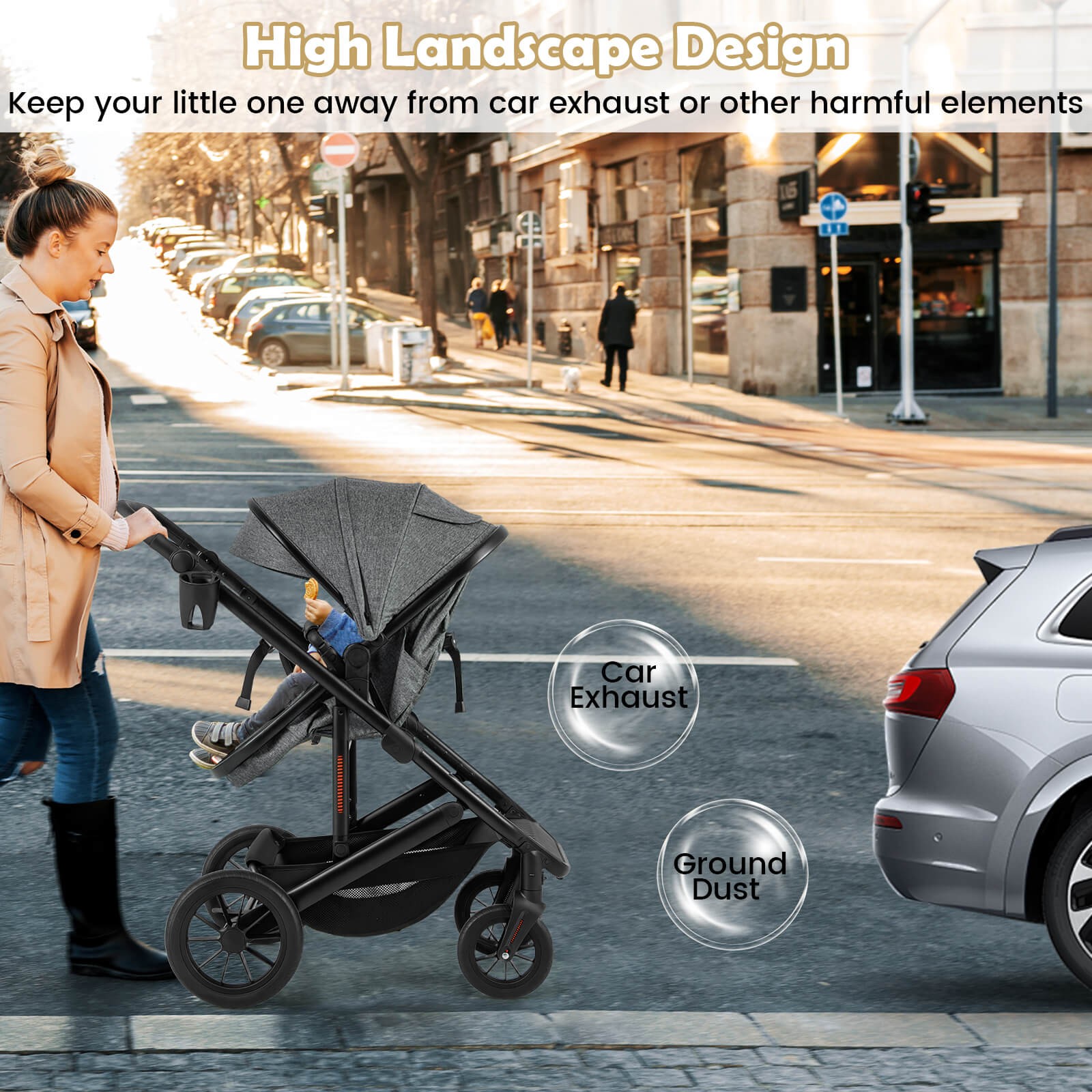 3-in-1 Newborn Stroller Folding Convertible High Landscape Toddler Stroller