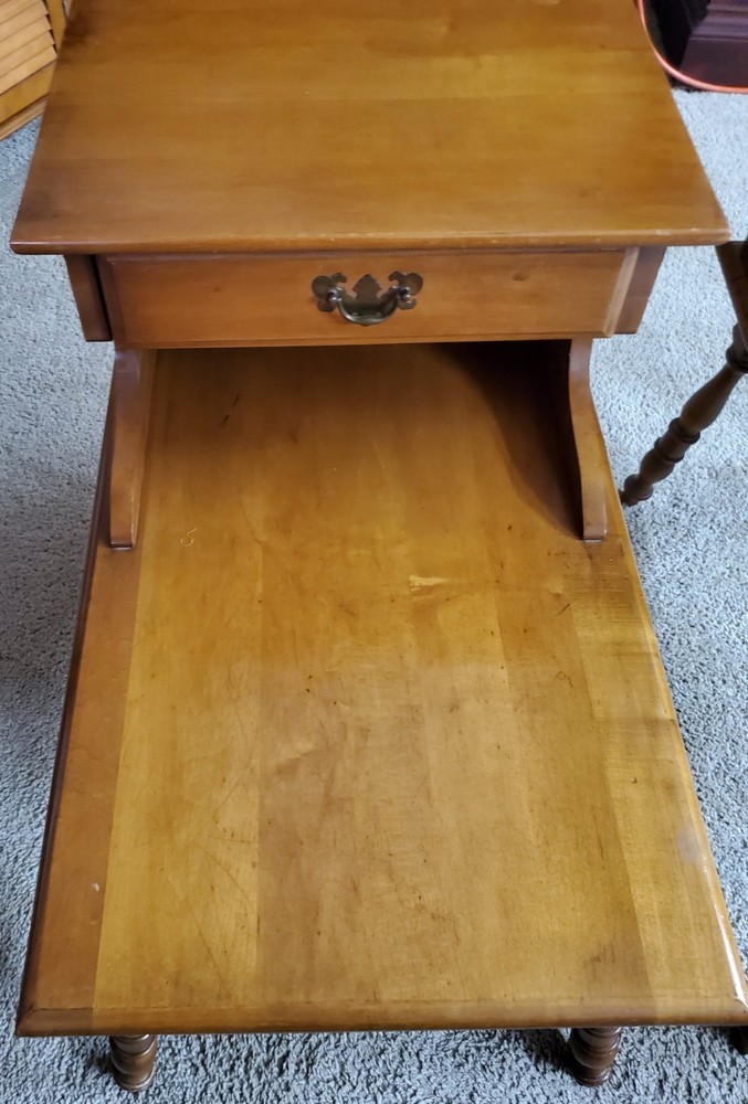 American Maple Step End Tables With A Drawer. Solid Wood, Matching Pair.