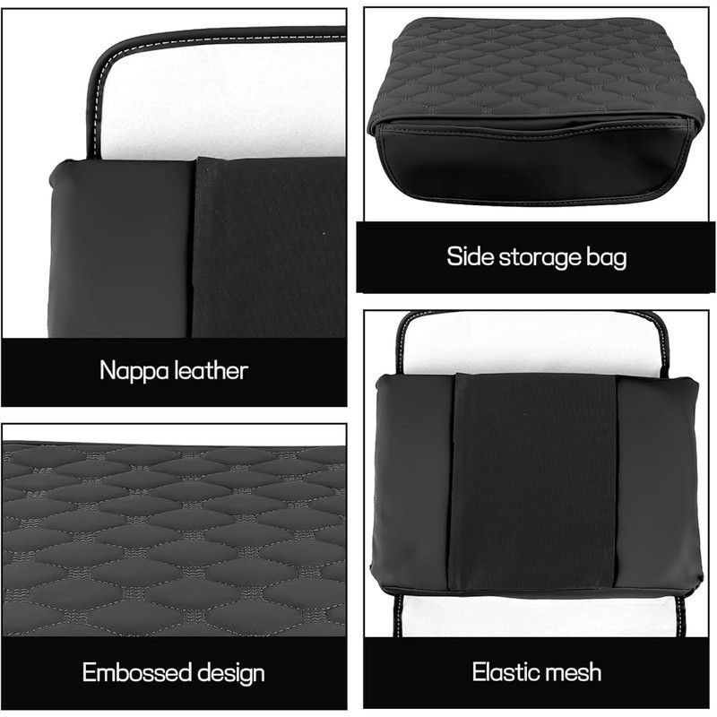 Nappa Leather Car Armrest Cover Memory Foam Console Protector W/ 2 Pockets New