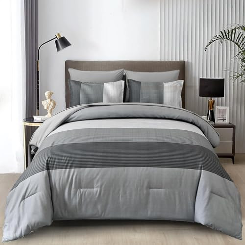 Comforter Set Reversible Striped Down Alternative Comforter for King Grey