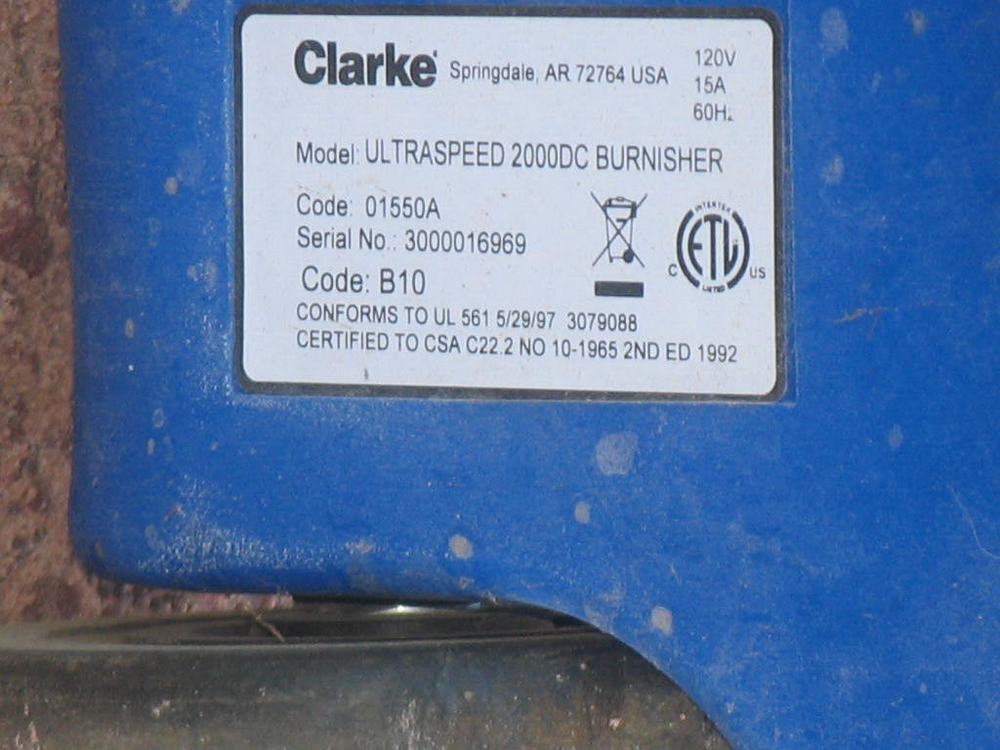 Clarke 2000DC High Speed Floor Buffer / Dust Control System