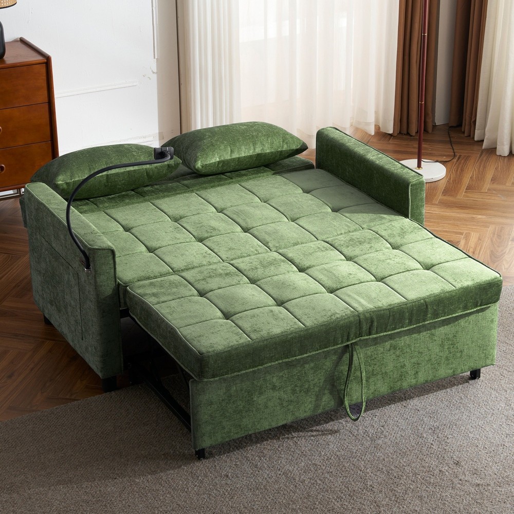 56.9'' Convertible Sleeper Sofa Bed Loveseat Sofa with Pull Out Bed & USB Ports