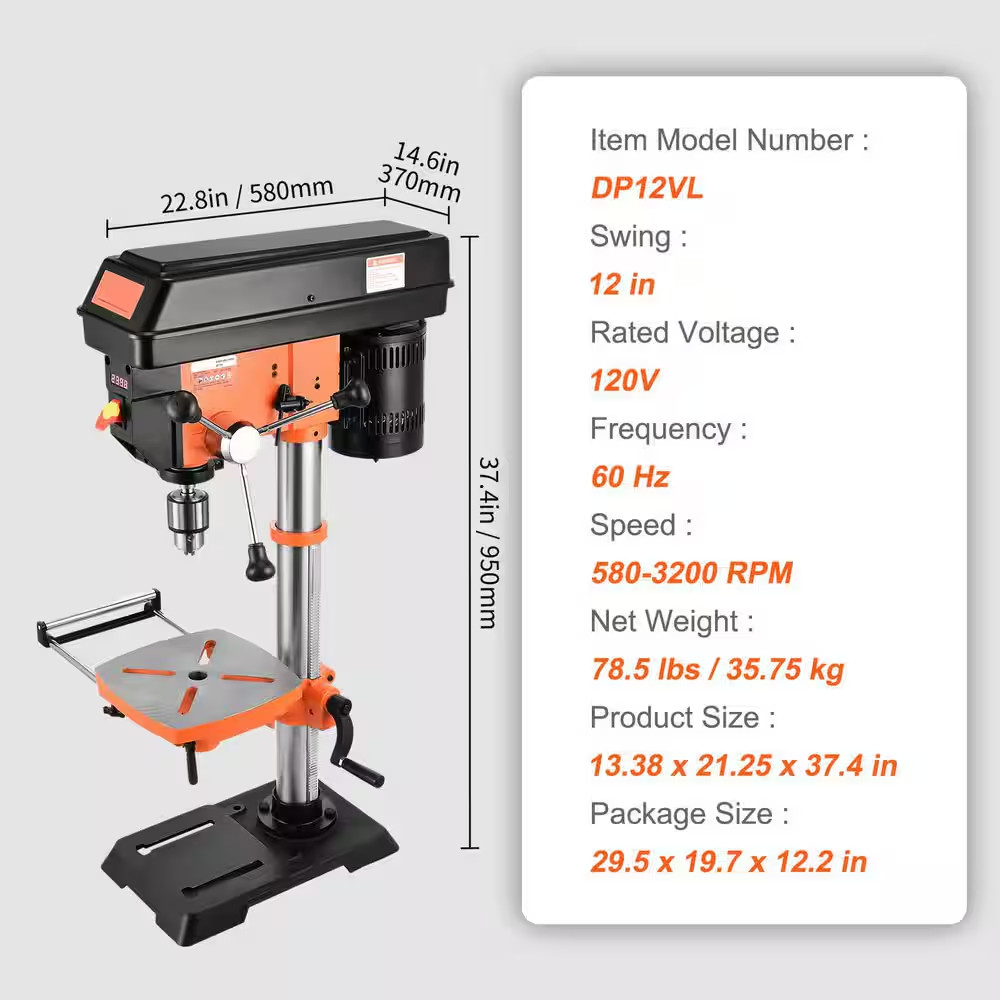 Benchtop Drill Press, Variable Speed Cast Iron Bench Drill Press, 12 In. Swing D