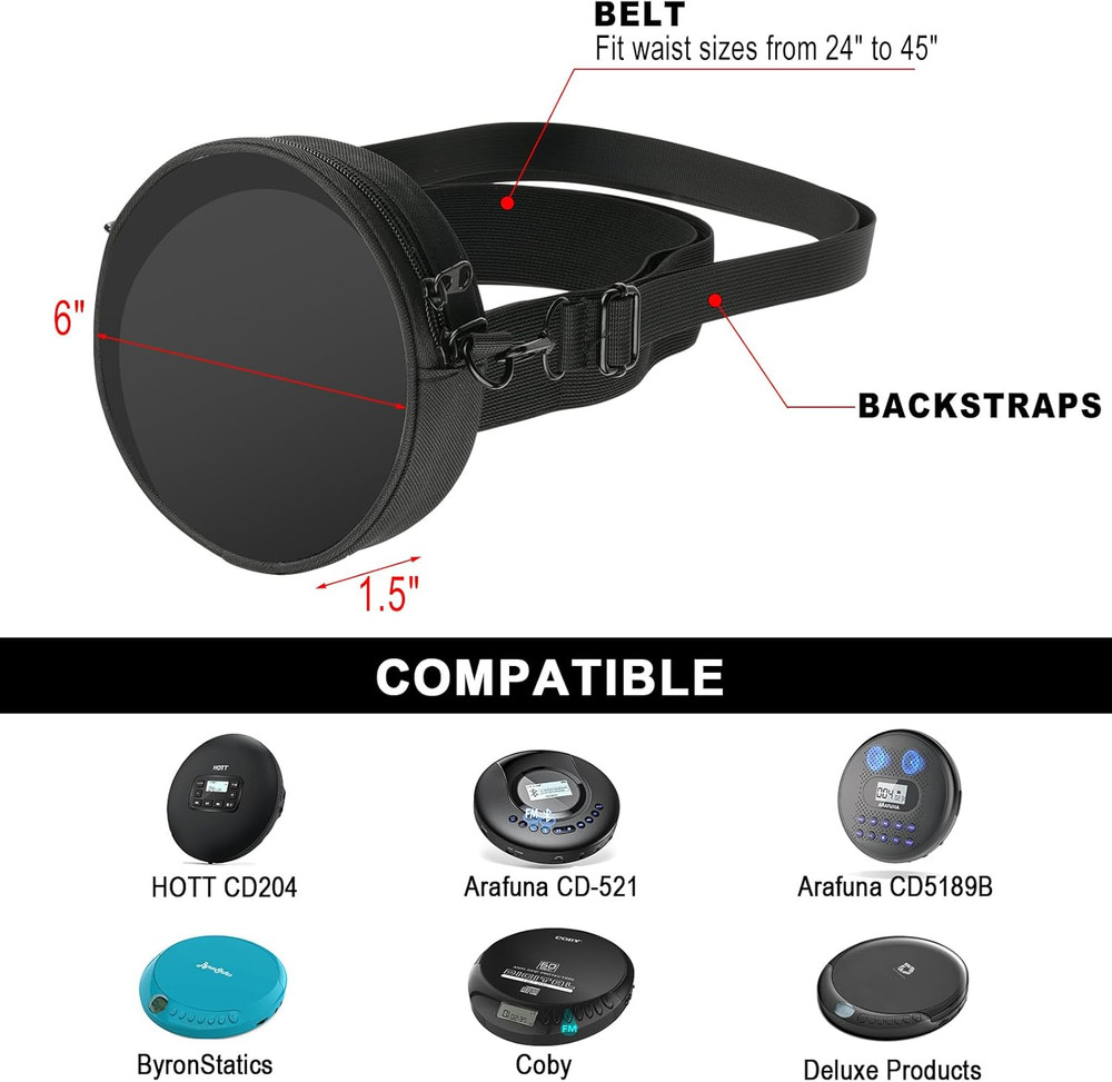 CD Player Storage Bag 6" Disk Case Adjustable Shoulder Strap Waist Band Window