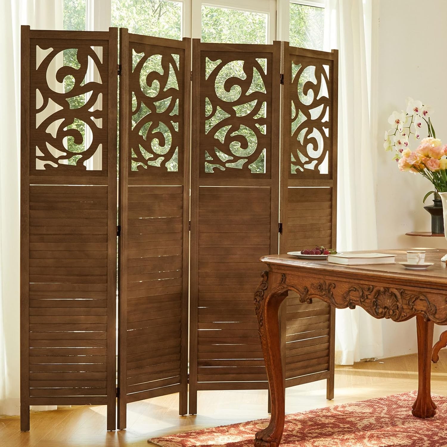 Folding Room Divider, 5.6Ft 4 Panels Wood Carved Privacy Screens,Partition