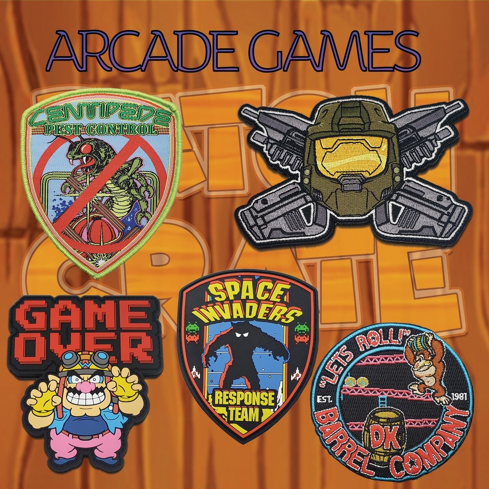 RARE Set of 5 Patch Crate Classic Arcade Game Patches 2pc Hook/Loop Backing