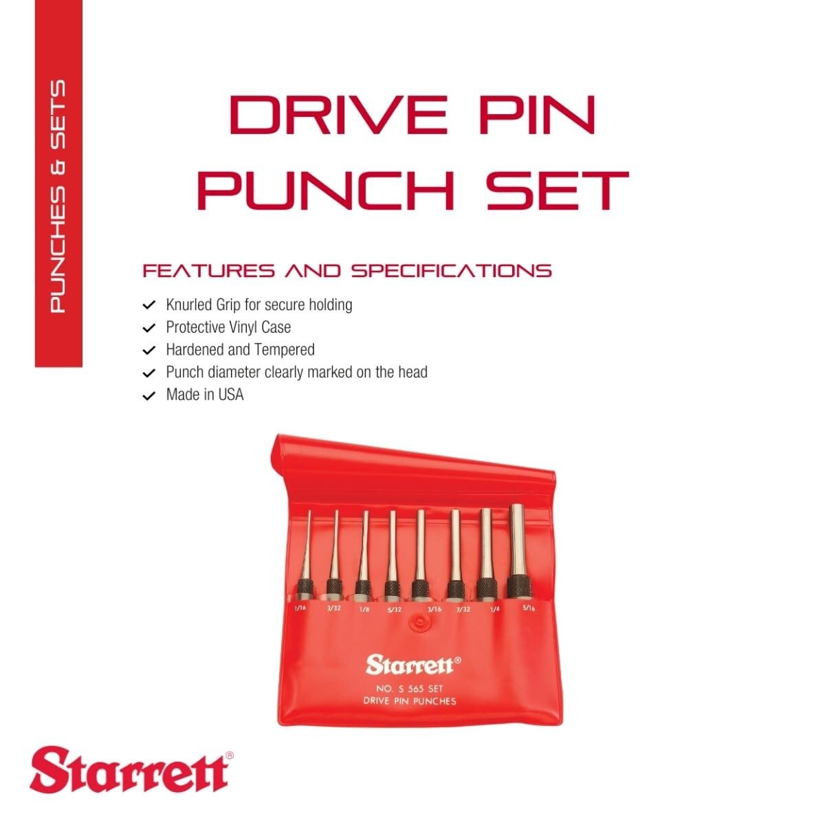 Starrett S565pc Pin Punches Set with Knurled Grip and Protective Vinyl Case
