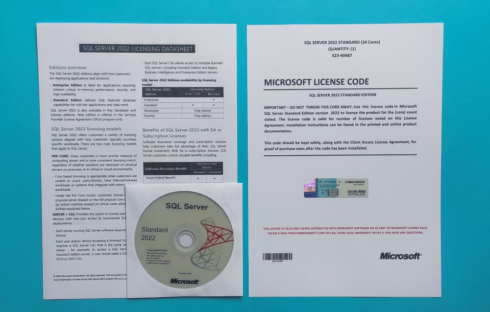 SQL Server 2022 Standard 24 Core Unlimited User CAL License, DVD & CoA